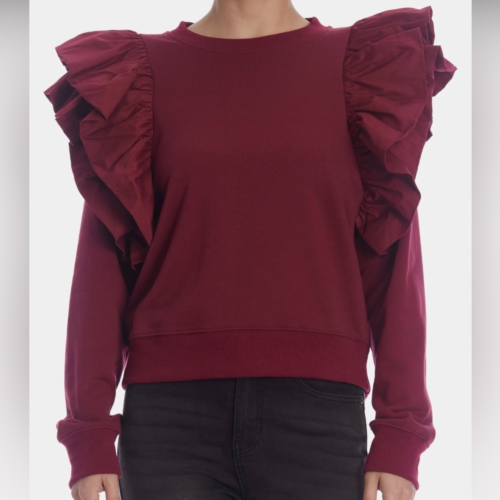 NWT En Saison Gabriela Flutter Sleeve Sweatshirt Burgundy Maroon Size S
